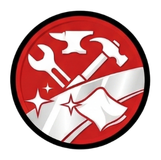 Red circular emblem featuring a wrench, hammer, anvil, and cloth with shining stars, symbolizing craftsmanship and maintenance.