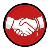 Red circular icon showing a handshake, with one wrist tied by a red rope.
