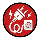 A white power plug and outlet icon with lightning bolts on a red circular background, symbolizing electricity.