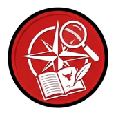 Red logo featuring a compass, magnifying glass, open book with a bull symbol, and a quill.