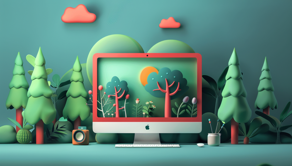 Digital art portraying a computer with a forest on the screen