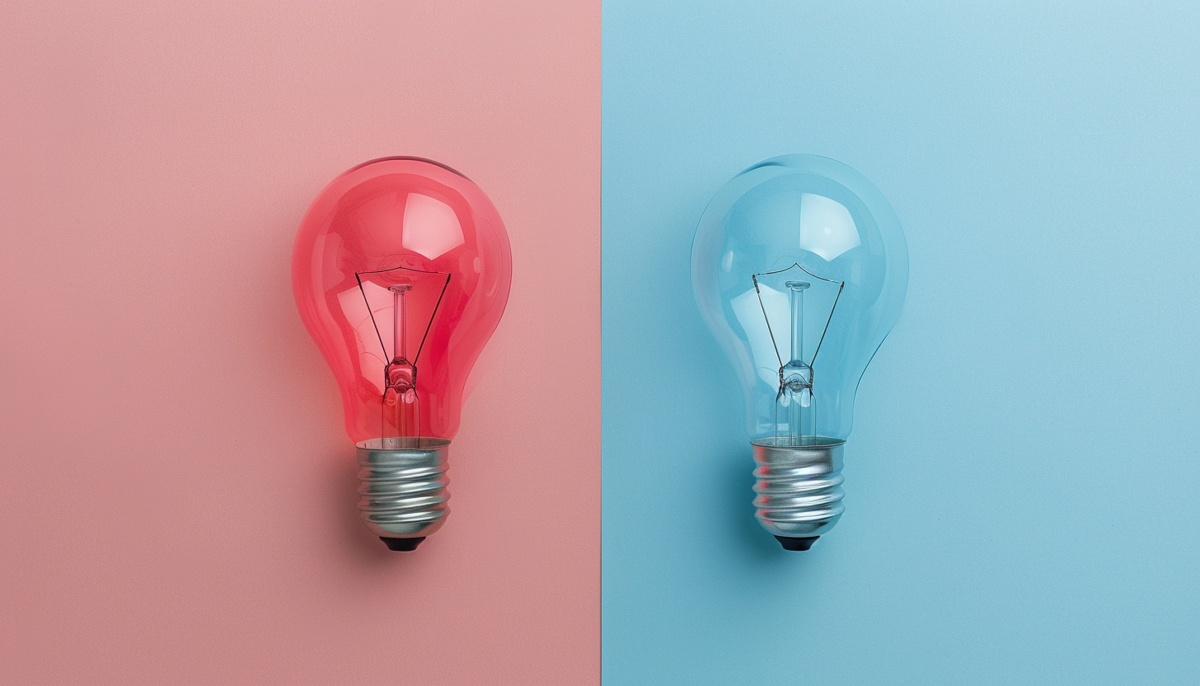 A red lightbulb on a red background next to a blue lightbulb on a blue background
