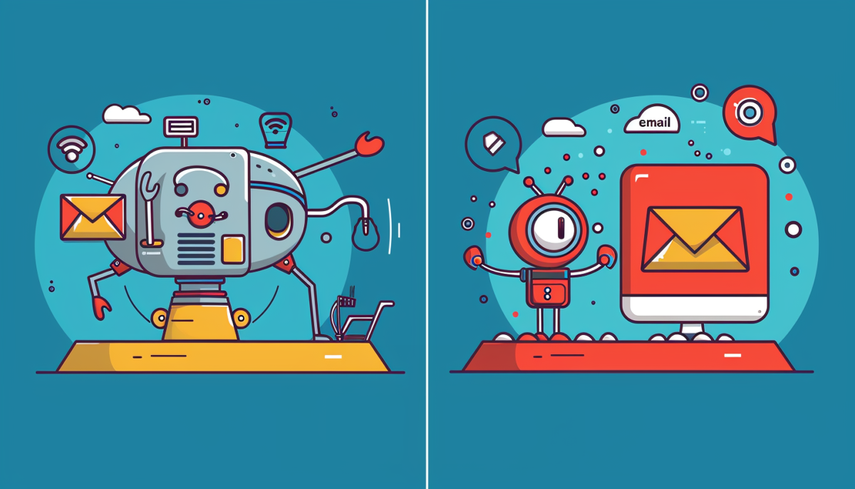 an illustration of two robots representing email marketing and market automation