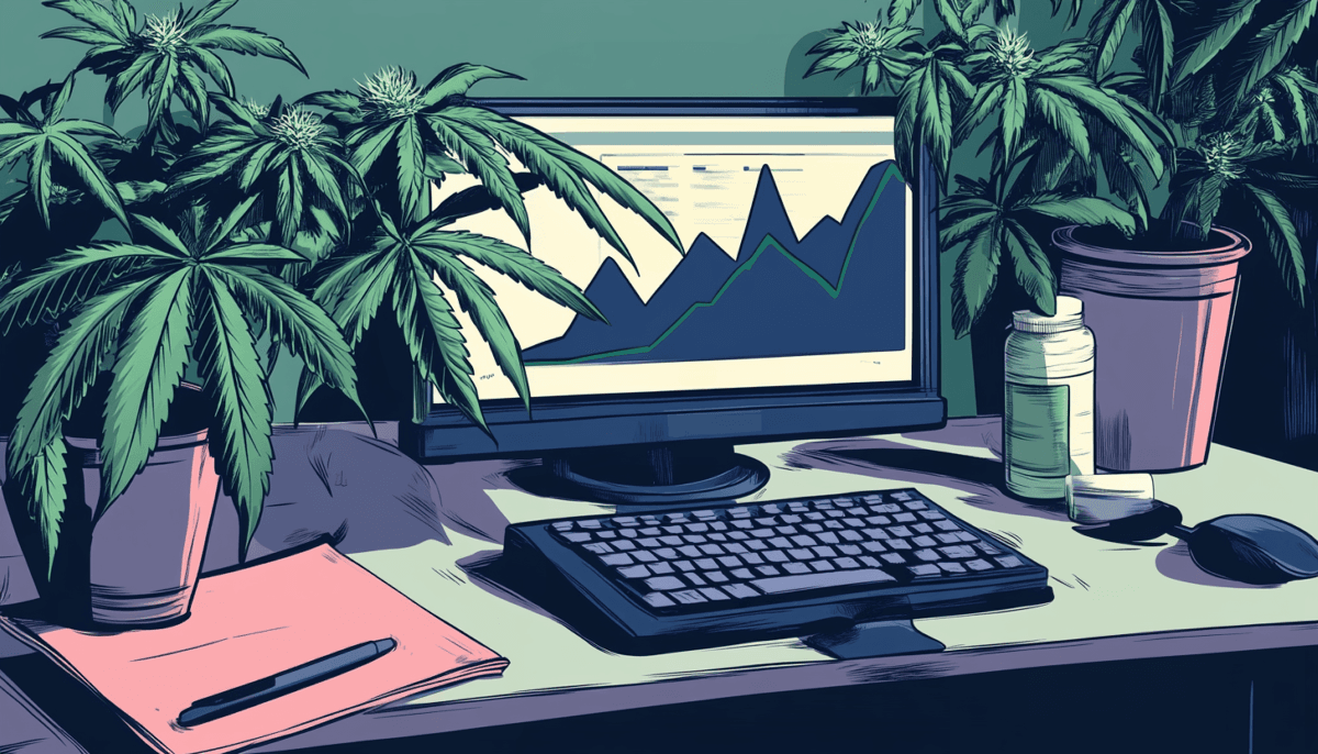 A computer with a chart displaying upward growth on a desk with plants