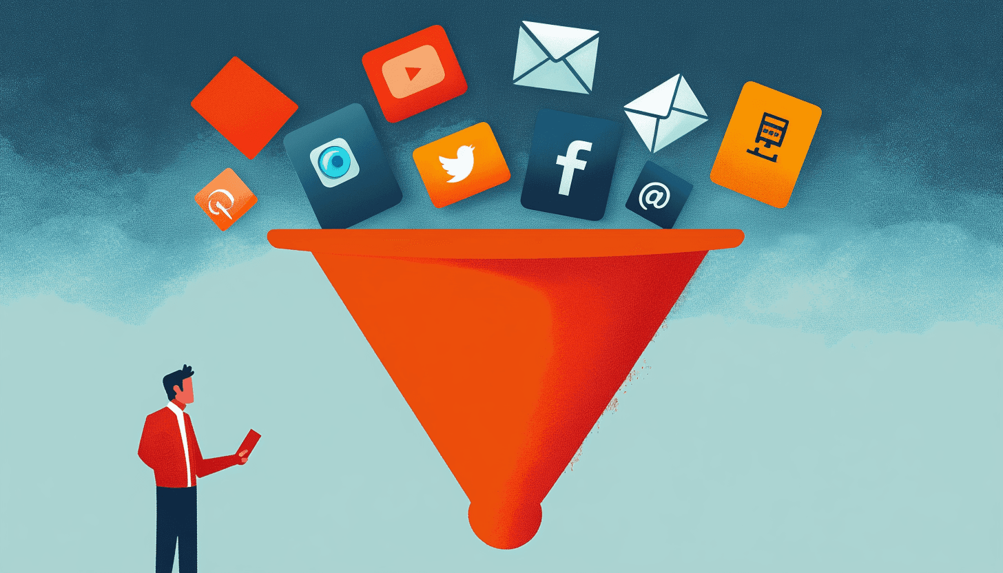 Various Social Media Icons falling into a funnel