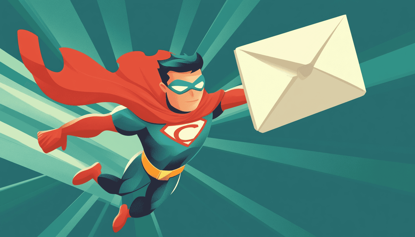 A superhero with a piece of mail in his hand